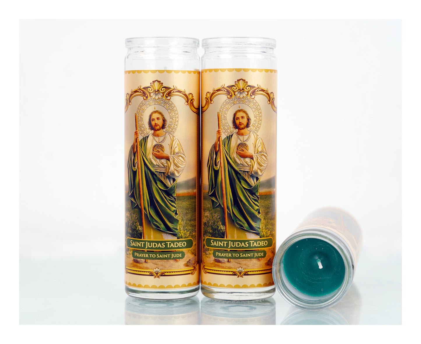 Marica Blessing Devotional Prayer Candle for Saint Judas Tadeo, Great for Sanctury, Vigils, Church, Cemetery, Home, 5.28 Oz (150 g) One wick Unscented Green Color Candle, Over 35 Hours of Burn Time