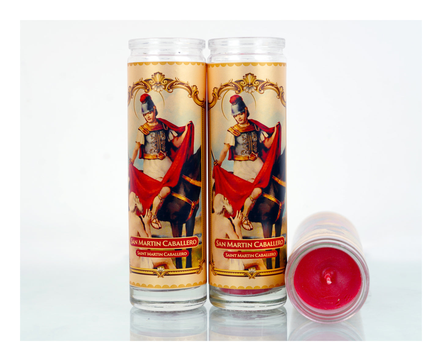 Marica Blessing Devotional Prayer Candle for San Martín Caballero Great for Sanctury, Vigils, Church, Cemetery, Home, 5.28 Oz (150 g) One wick Unscented RED Color Candle, Over 35 Hours of Burn Time