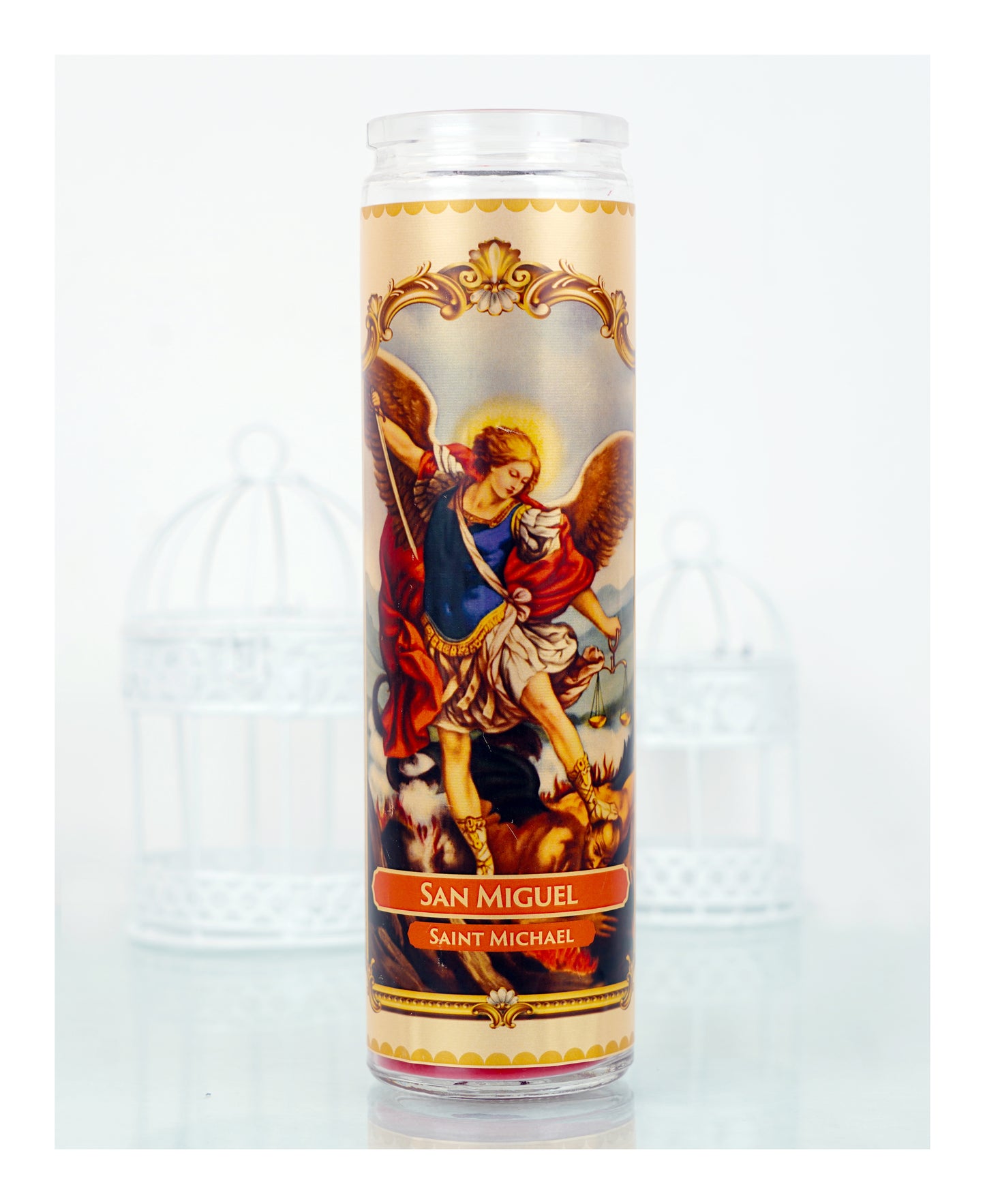 Marica Blessing Devotional Prayer Candle for San Miguel Great for Sanctury, Vigils, Church, Cemetery, Home, 10.6 Oz (300 g) One wick Unscented Red Color Candle, Over 70 Hours of Burn Time