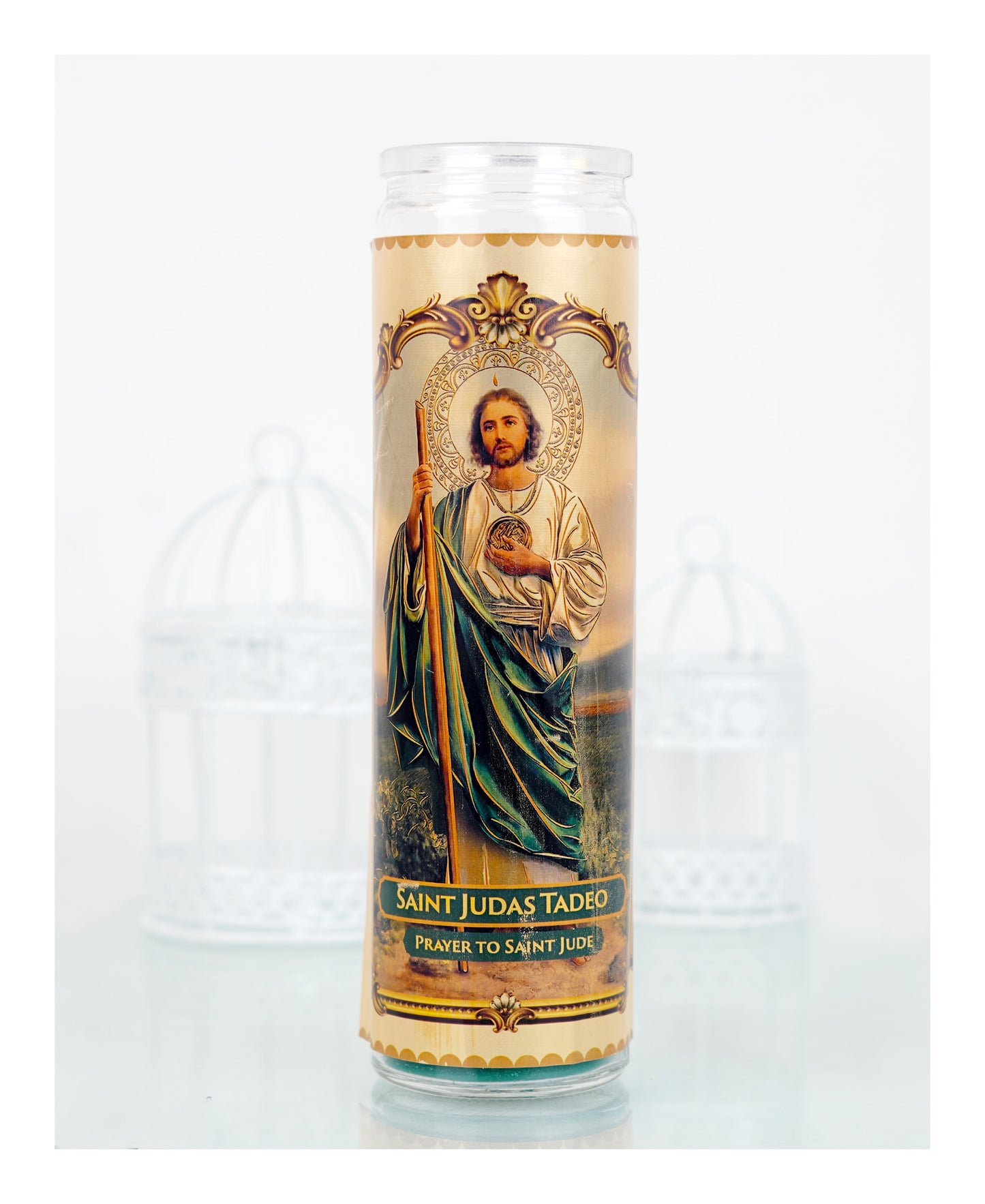 Marica Blessing Devotional Prayer Candle for Saint Judas Tadeo, Great for Sanctury, Vigils, Church, Cemetery, Home, 10.6 Oz (300 g) One wick Unscented Green Color Candle, Over 70 Hours of Burn Time