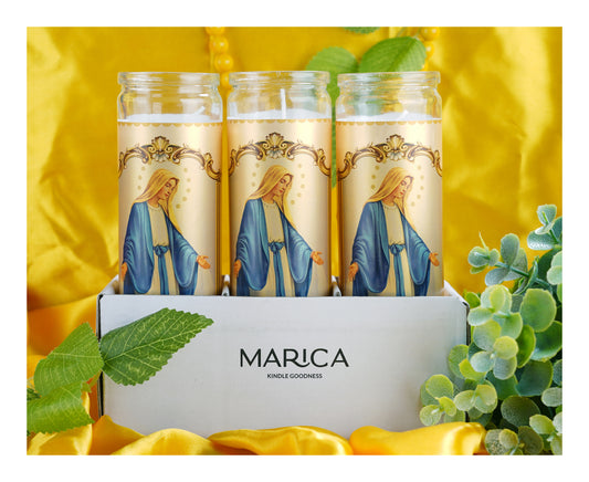 Marica Blessing Devotional Prayer Candle for Maria Milagrosa Great for Sanctury, Vigils, Church, Cemetery, Home, 5.28 Oz (150 g) One wick Unscented White Color Candle, Over 35 Hours of Burn Time