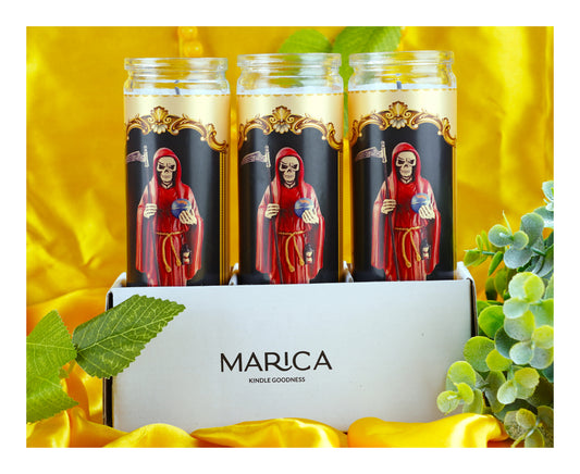 Marica Blessing Devotional Prayer Candle for Holy Death(Red) Great for Sanctury, Vigils, Church, Cemetery, Home, 5.28 Oz (150 g) One wick Unscented Black Color Candle, Over 35 Hours of Burn Time