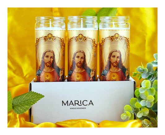 Marica Blessing Devotional Prayer Candle for Sagrado Corazon De Jesus , Great for Sanctury, Vigils, Church, Cemetery, Home, 5.28 Oz (150 g) One wick Unscented  White Color Candle, Over 35 Hours of Burn Time