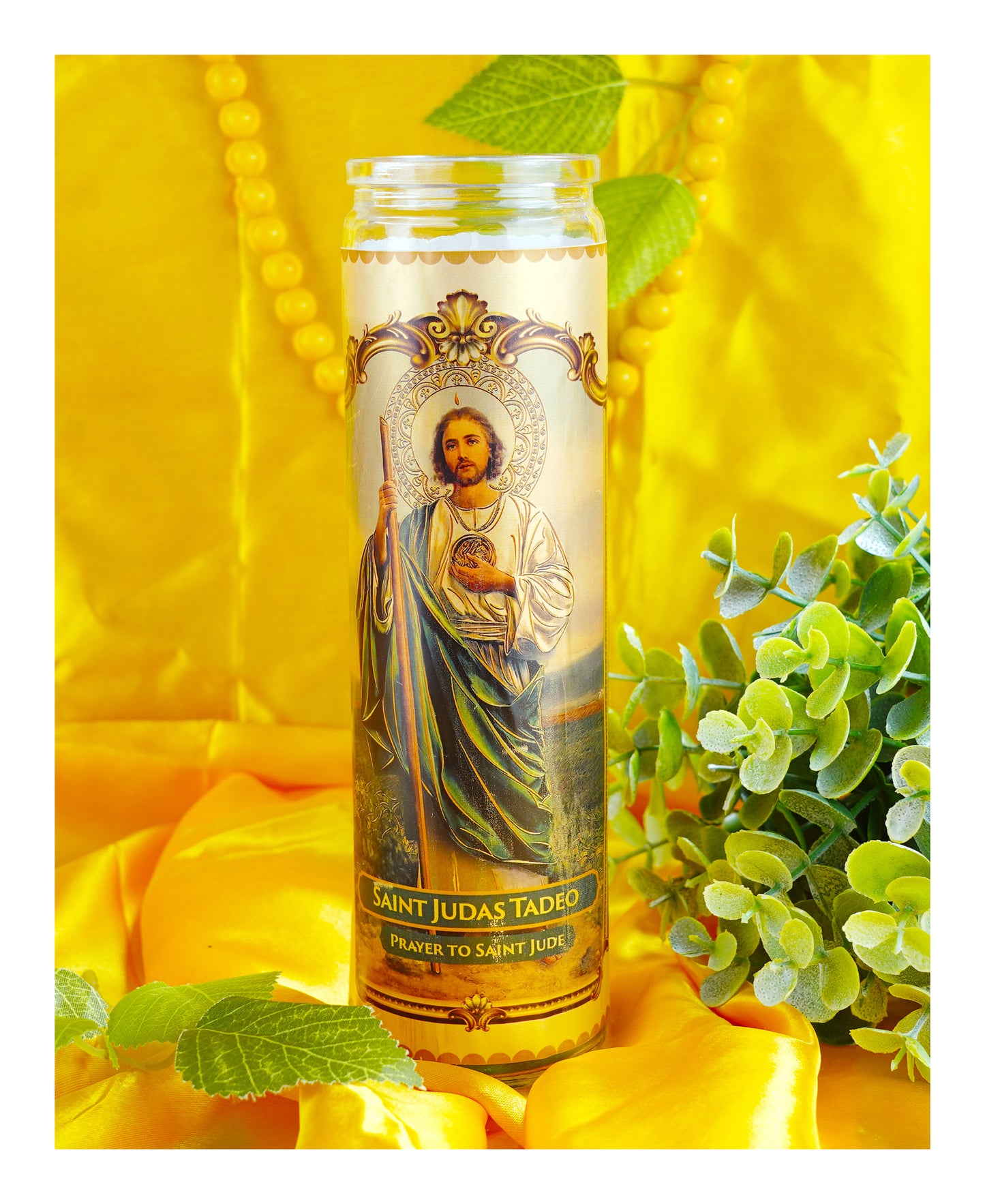 Marica Blessing Devotional Prayer Candle for Saint Judas Tadeo, Great for Sanctury, Vigils, Church, Cemetery, Home, 10.6 Oz (300 g) One wick Unscented  Green Color Candle, Over 70 Hours of Burn Time