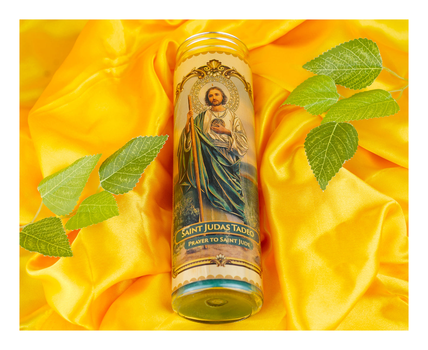 Marica Blessing Devotional Prayer Candle for Saint Judas Tadeo, Great for Sanctury, Vigils, Church, Cemetery, Home, 10.6 Oz (300 g) One wick Unscented  Green Color Candle, Over 70 Hours of Burn Time