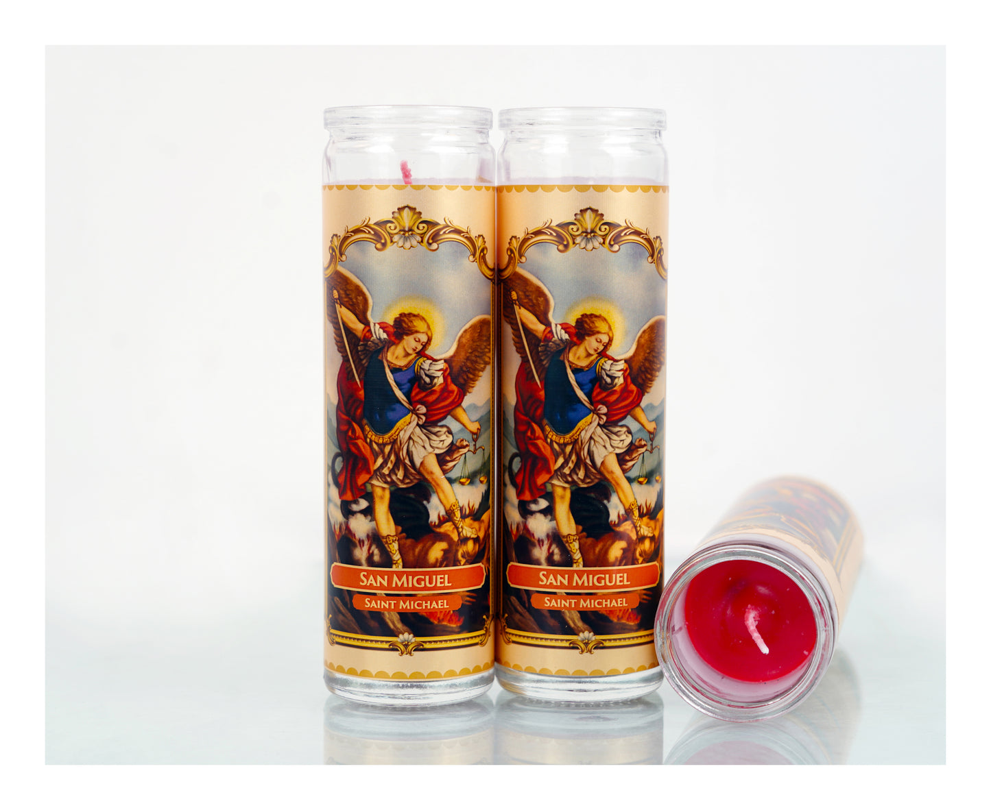 Marica Blessing Devotional Prayer Candle for  San Miguel Great for Sanctury, Vigils, Church, Cemetery, Home, 5.28 Oz (150 g) One wick Unscented  Red  Color Candle, Over 35 Hours of Burn Time