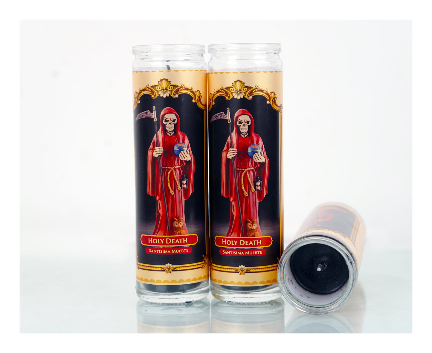 Marica Blessing Devotional Prayer Candle for Holy Death(Red) Great for Sanctury, Vigils, Church, Cemetery, Home, 5.28 Oz (150 g) One wick Unscented Black Color Candle, Over 35 Hours of Burn Time