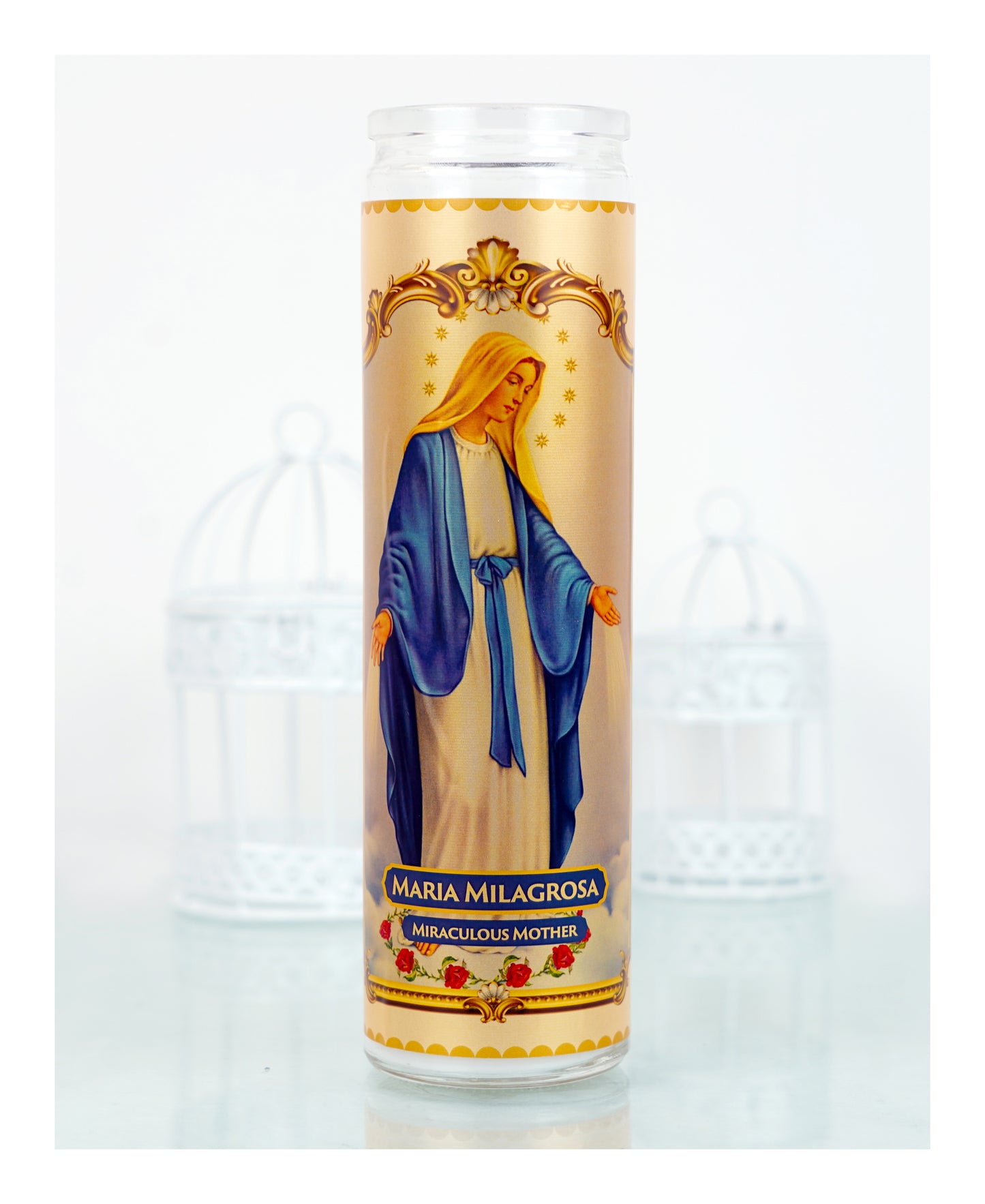 Marica Blessing Devotional Prayer Candle for Maria Milagrosa Great for Sanctury, Vigils, Church, Cemetery, Home, 10.6 Oz (300 g) One wick Unscented White Color Candle, Over 70 Hours of Burn Time