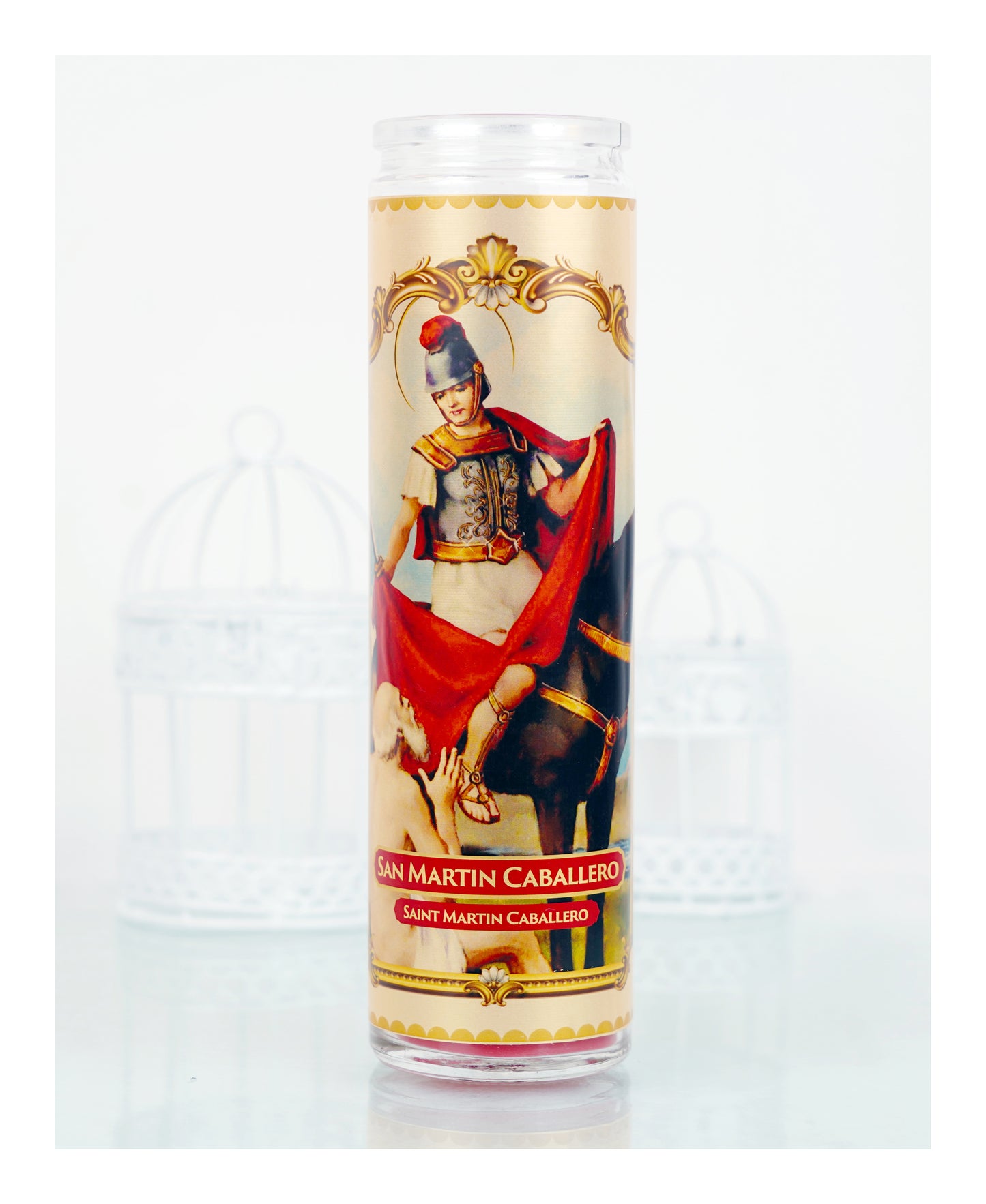 Marica Blessing Devotional Prayer Candle for San Martín Caballero Great for Sanctury, Vigils, Church, Cemetery, Home,10.6 Oz (300 g) One wick Unscented  RED  Color Candle, Over 70 Hours of Burn Time