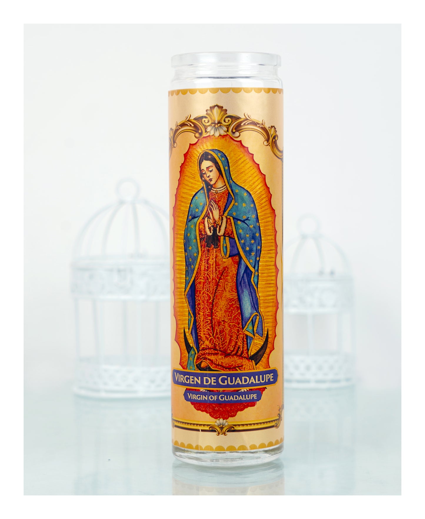 Marica Blessing Devotional Prayer Candle for Vergen de Guadalupe, Great for Sanctury, Vigils, Church, Cemetery, Home, 10.6 Oz (300 g) One wick Unscented white color Candle, Over70 Hours of Burn Time