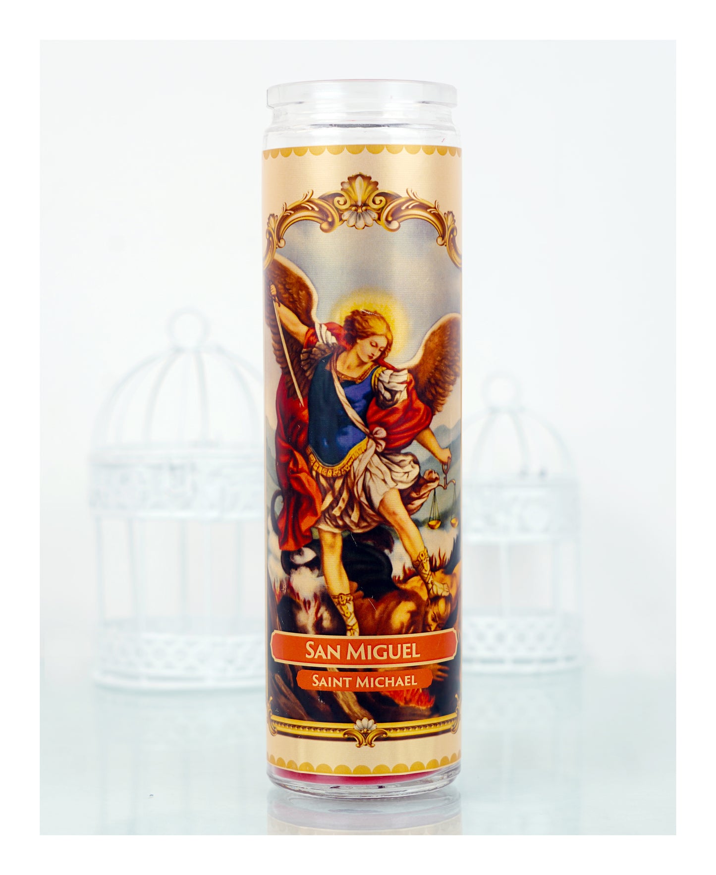 Marica Blessing Devotional Prayer Candle for  San Miguel Great for Sanctury, Vigils, Church, Cemetery, Home, 10.6 Oz (300 g) One wick Unscented  Red  Color Candle, Over 70 Hours of Burn Time