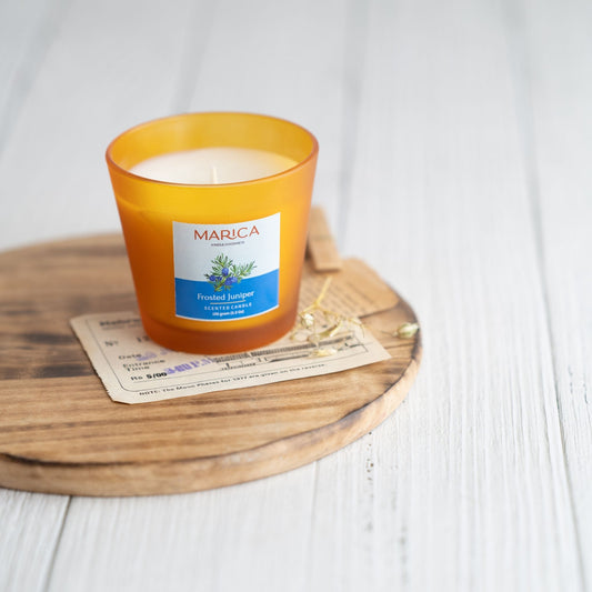 Marica Candle Frosted Juniper Scented, Tapered V Cup, 5.5 Oz (157 G), One Wick  One wick Scanted candle,Over 39 Hours of Burn Time.